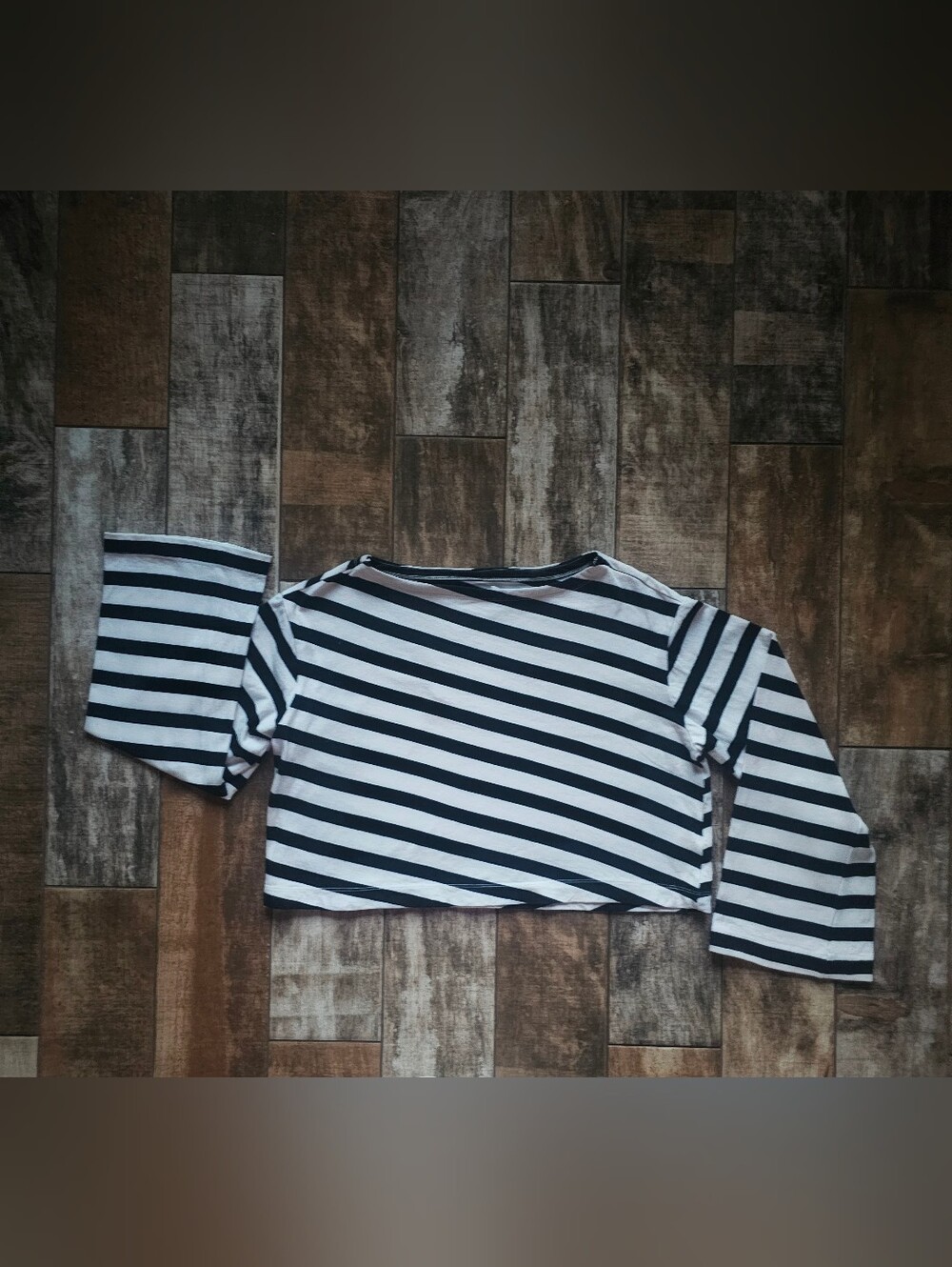 Maeve Anthropologie Black White Breton Stripe Cropped Bell Sleeve Top M